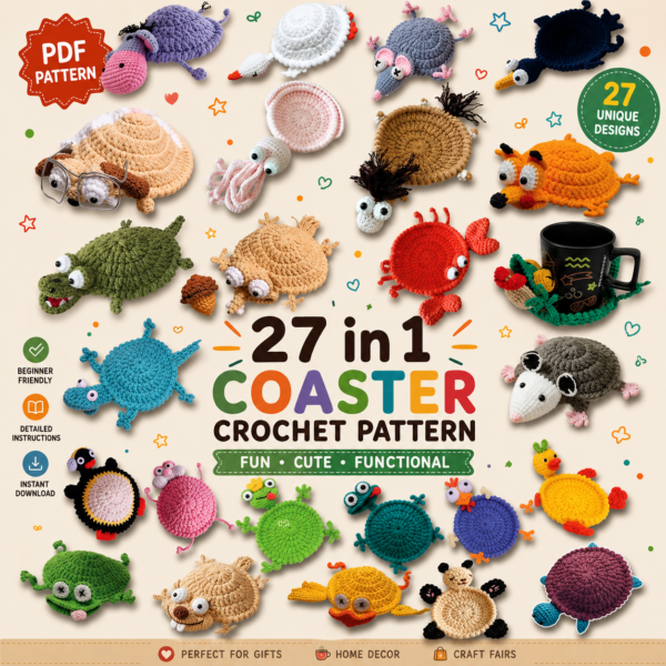 May include: A collection of handmade crochet animal coasters in various colors. The coasters include a crab, frog, hedgehog, penguin, turtle, chicken, and a mouse. The text "27 in 1 Animal Coaster Crochet Pattern" is displayed at the top.