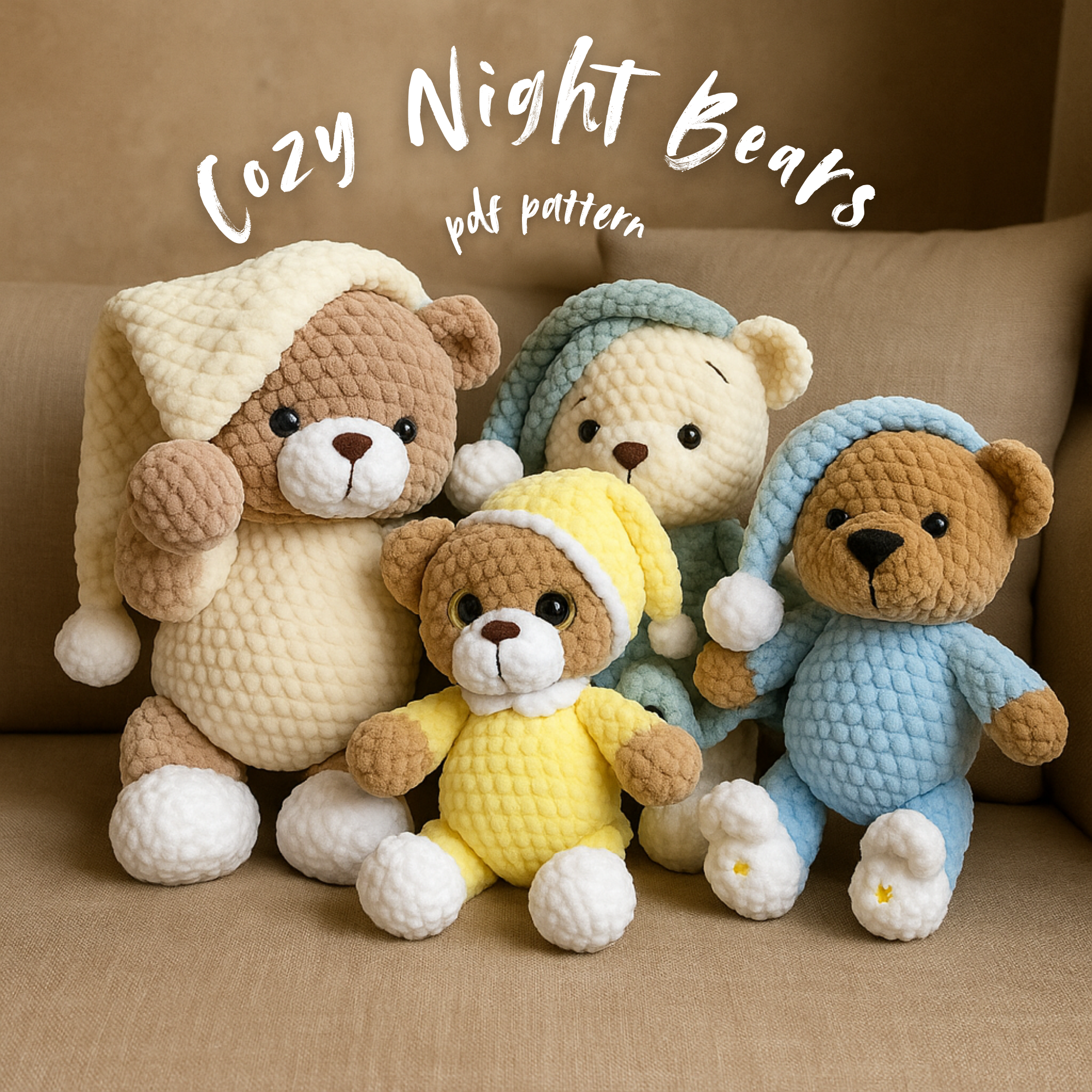 Cute sleepy teddy bear amigurumi crochet plush toys wearing pajamas and night hats, soft handmade baby gift pattern.