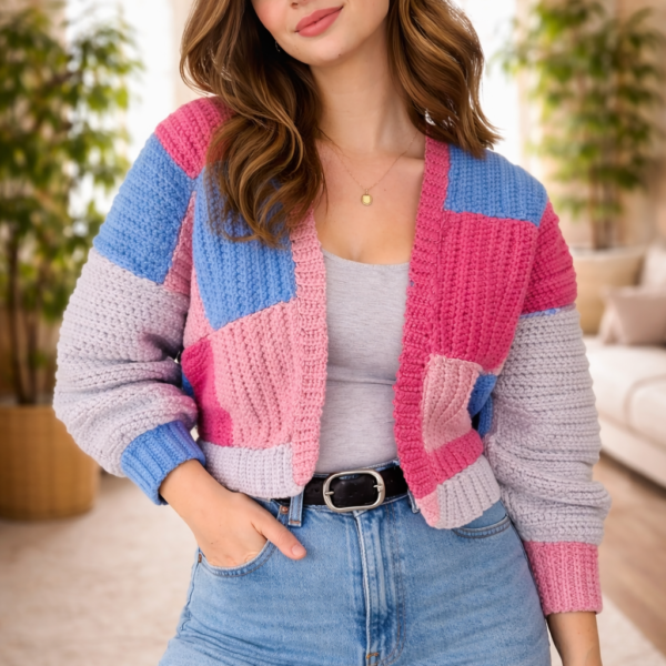 Colorful patchwork crochet cardigan made with crochet squares worn by a woman, handmade crochet sweater pattern tutorial.