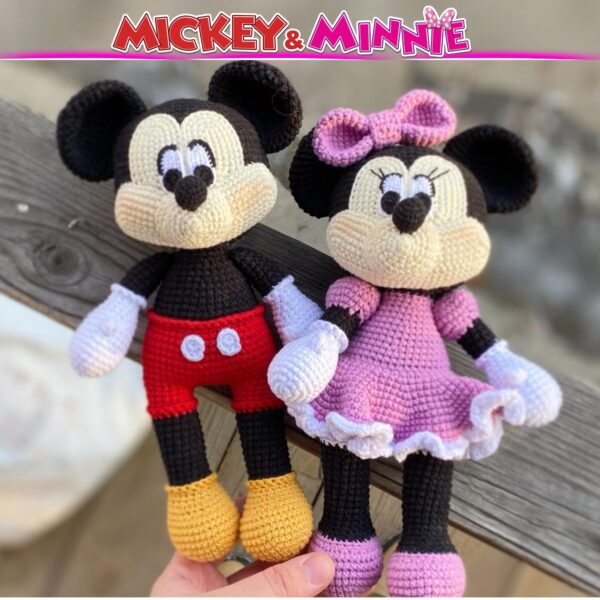 mickey and minnie disney caracters crochet doll patterns, cute mouse amigurumi toys, beginner friendly crochet PDF design.