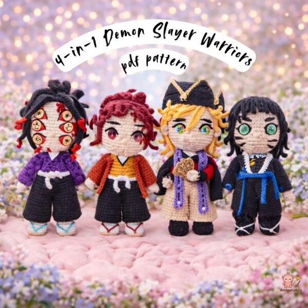 4 Demon Slayer amigurumi crochet dolls, handmade anime characters in colorful outfits, cute crochet pattern bundle for DIY projects.