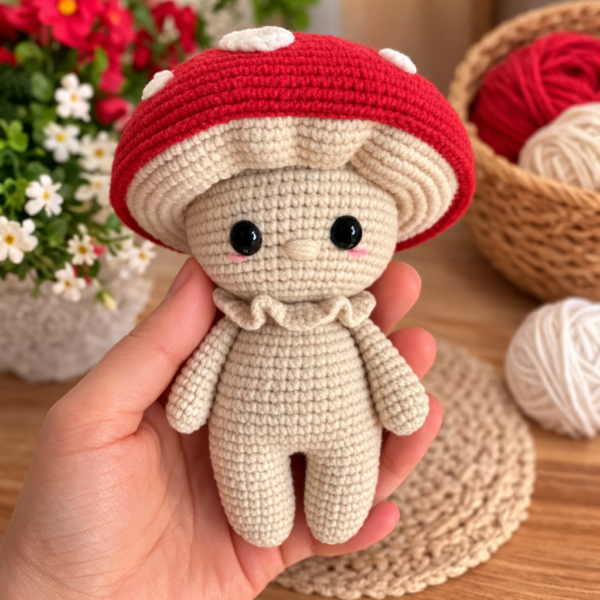 Cute amigurumi mushroom doll crochet toy with red mushroom hat handmade crochet pattern.