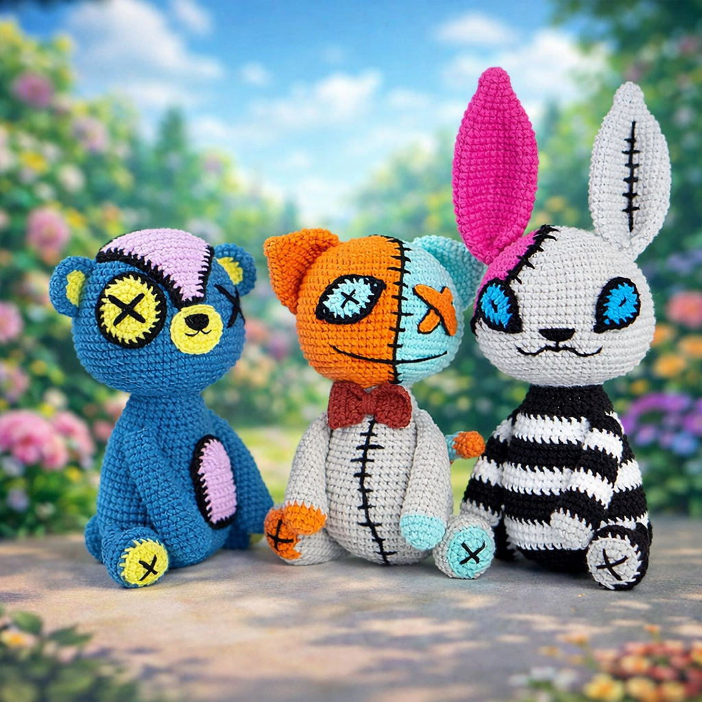 Creepy Cute Crochet Dolls Set – Stitched Amigurumi Plush Animals
