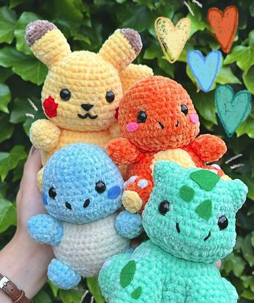 4in1 Pokémon-Inspired Amigurumi Crochet Pattern Bundle - PDF Digital Download - Pikachu, Charmander, Squirtle & Bulbasaur