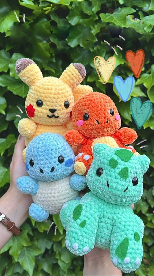 4in1 Pokémon-Inspired Amigurumi Crochet Pattern Bundle - PDF Digital Download - Pikachu, Charmander, Squirtle & Bulbasaur